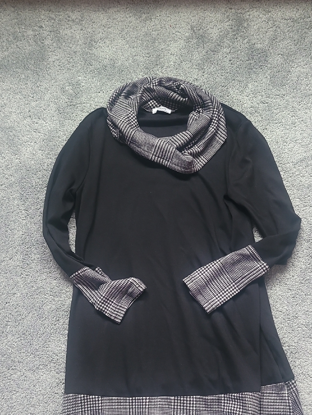 Black Cowlneck Sweater with Houndstooth Trim